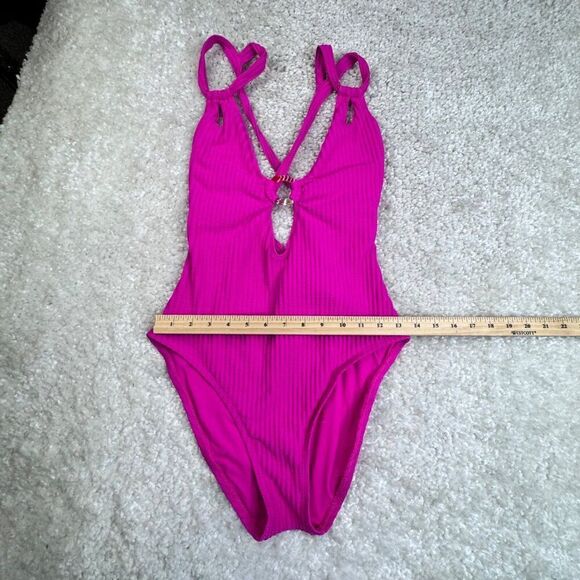 Becca One Piece Ring Center Tie Back Swimsuit Azalea Pink Large - Picture 9 of 9